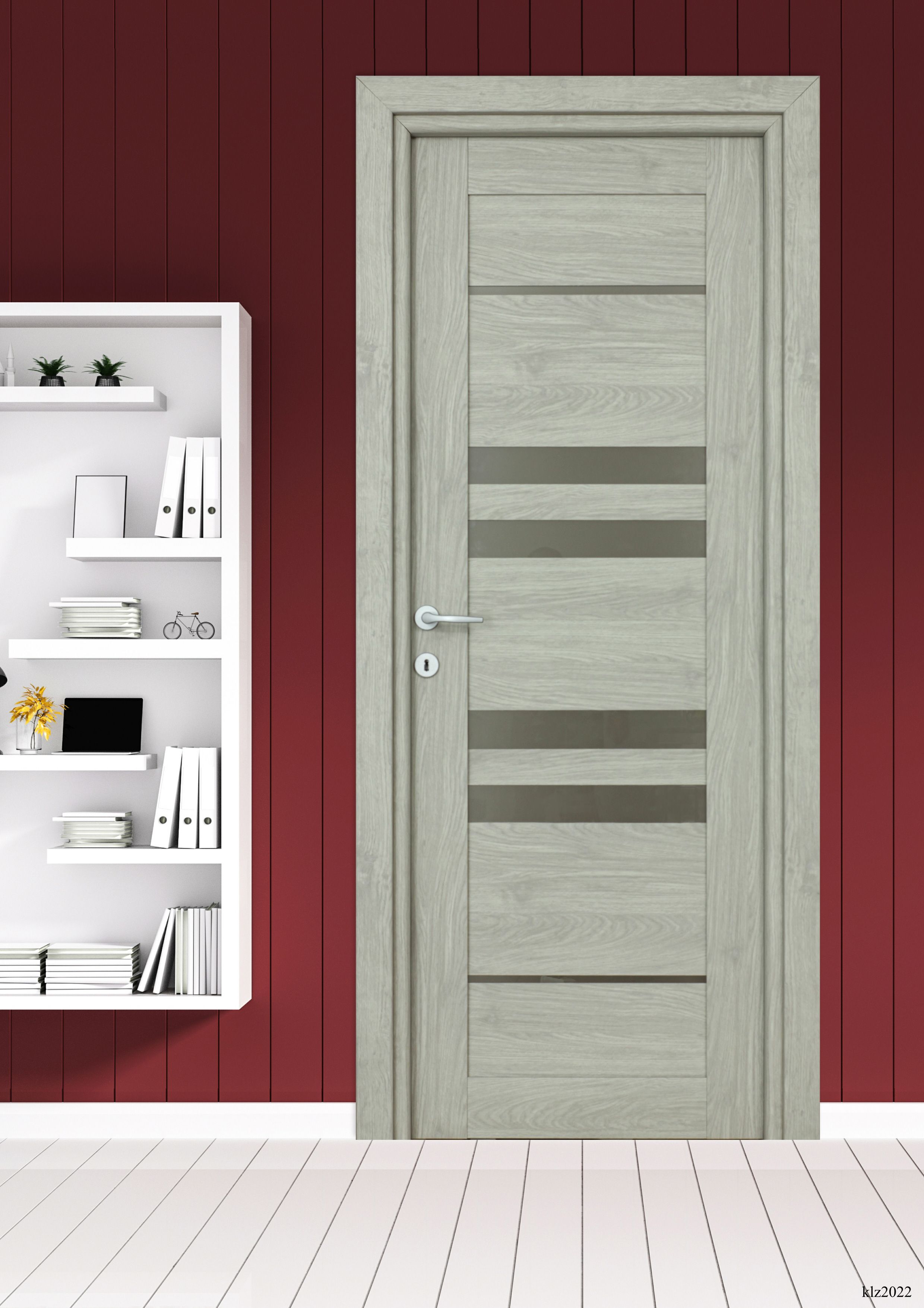 Usa interior Rino, cu geam, reversibila, MDF, 78 x 203 cm, gri deschis