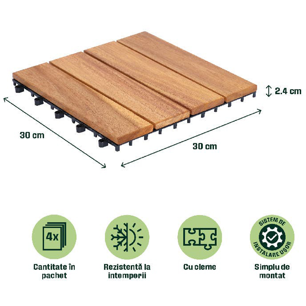 Set placi pentru pardoseala/dusumea KLIKSTROM Floro, lemn, 30 x 30 x 2.4 cm, 4 buc