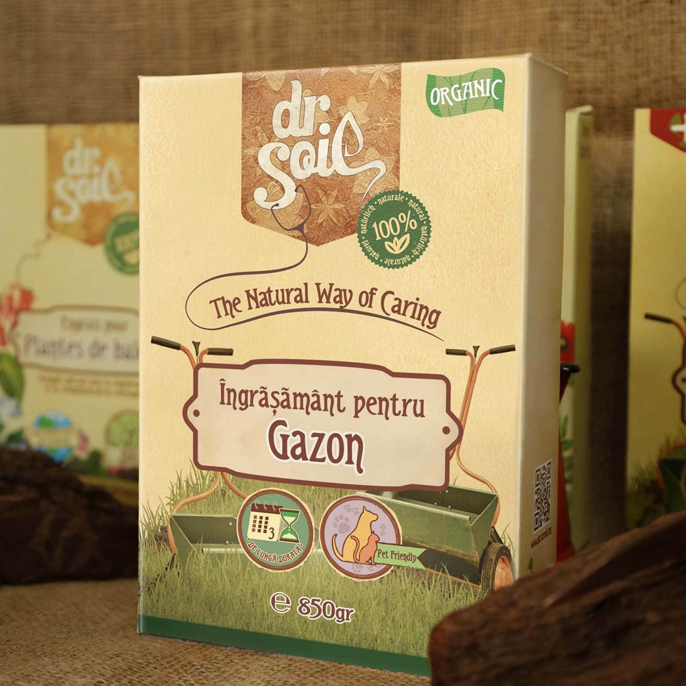 Ingrasamant granulat organic Dr. Soil, pentru gazon, cutie de 850gr