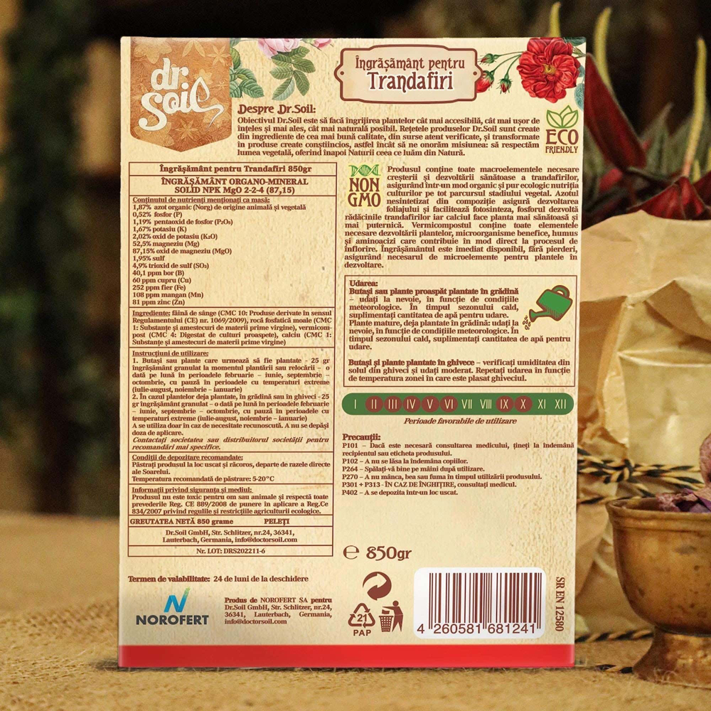 Ingrasamant granulat organic Dr. Soil, pentru trandafiri, cutie de 850gr
