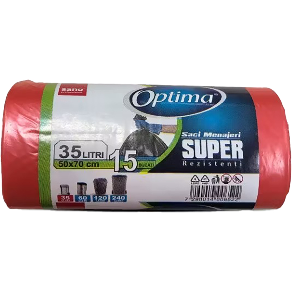 Saci menajeri SANO Optima, 15 bucati, 35 l, rosu