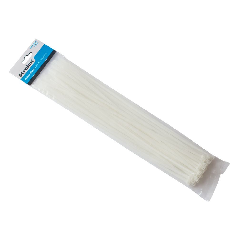 Colier plastic, alb, 400 x 4 x 8 mm, 50 bucati  Strohm
