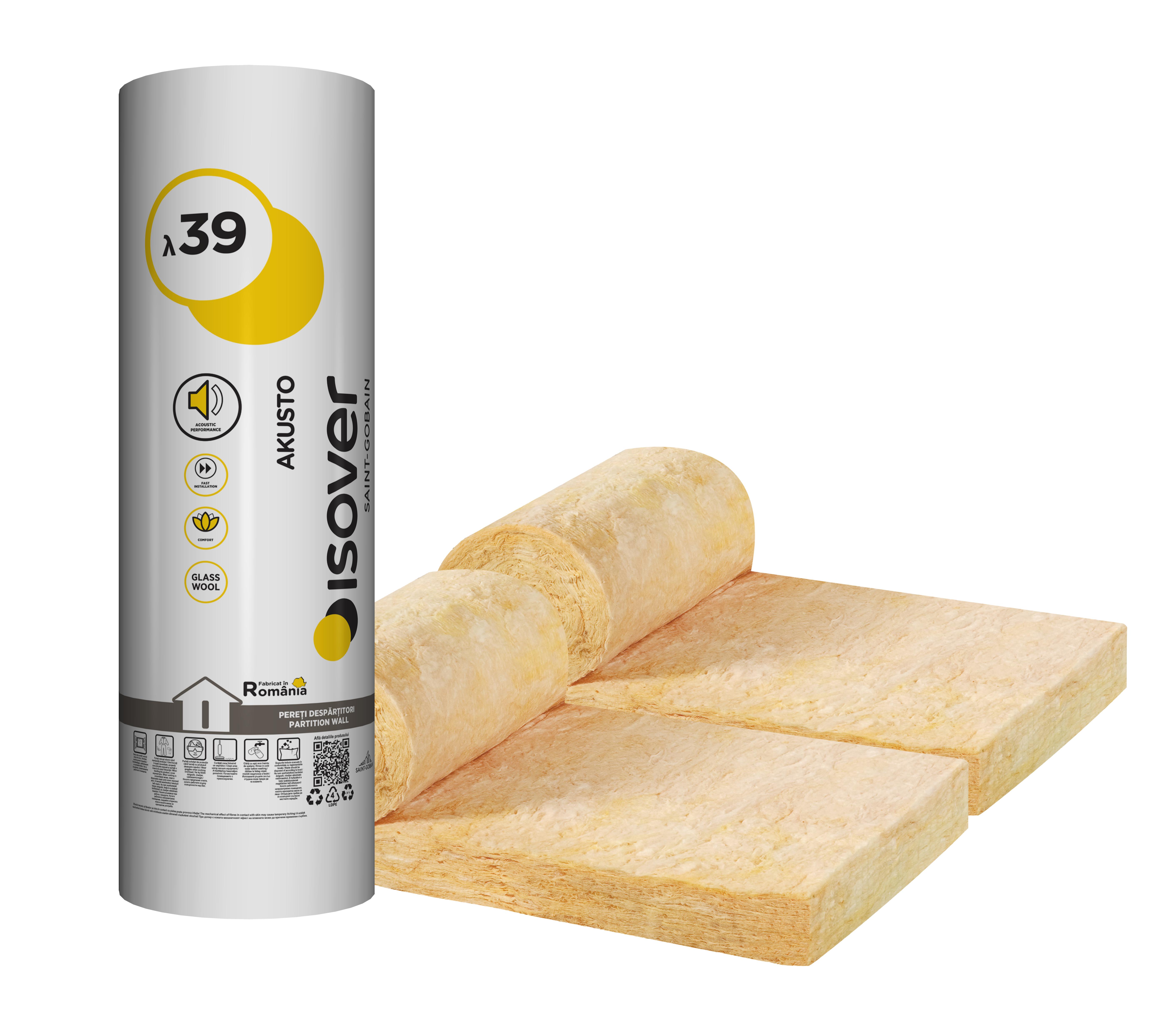 Vata minerala de sticla 10,8 mp, 0,039 W/mK, 900 x 60 x 7,5 cm Isover
