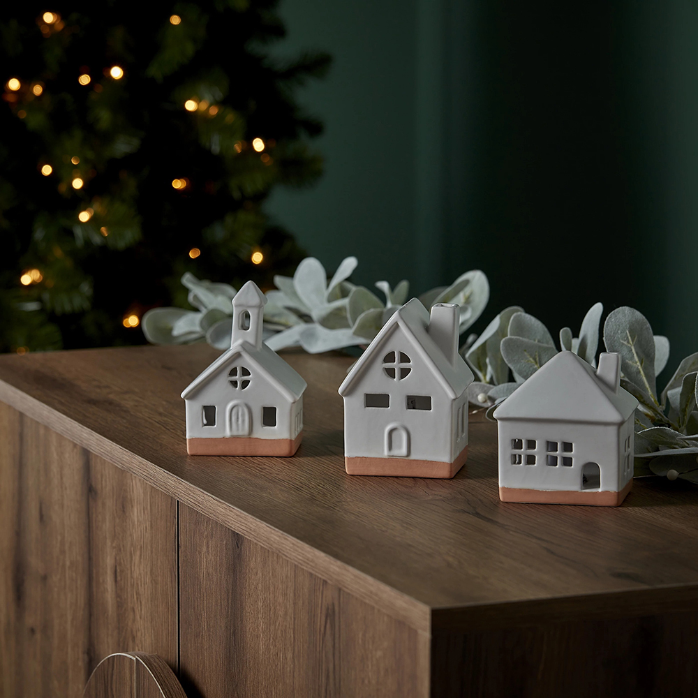 Set 3 decoratiuni casa LED, 10.5-13.5 cm x 8-8.5 cm x 9-9.5 cm, ceramica, alb