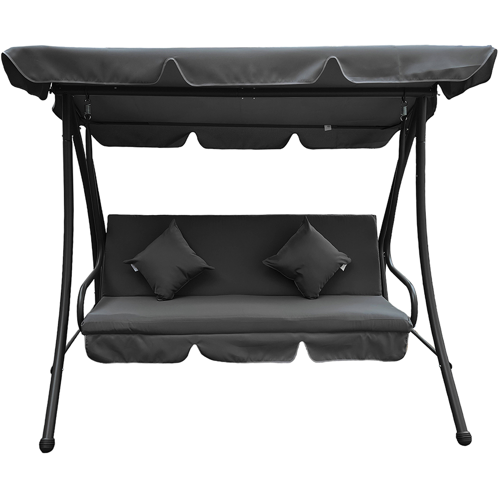 Balansoar gradina 3 locuri cu spatar rabatabil, 2 perne, poliester/otel, 200 x 120 x 164 cm, sarcina maxima 270 kg, gri inchis