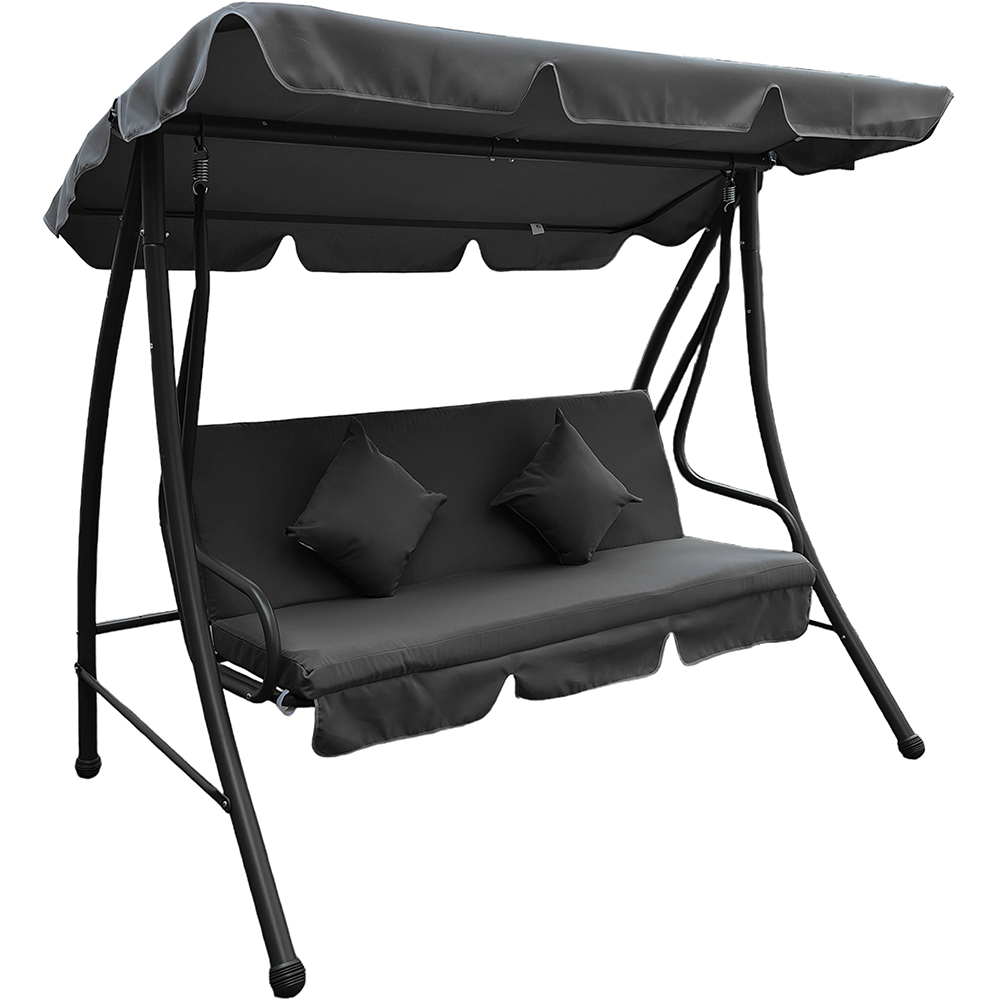 Balansoar gradina 3 locuri cu spatar rabatabil, 2 perne, poliester/otel, 200 x 120 x 164 cm, sarcina maxima 270 kg, gri inchis