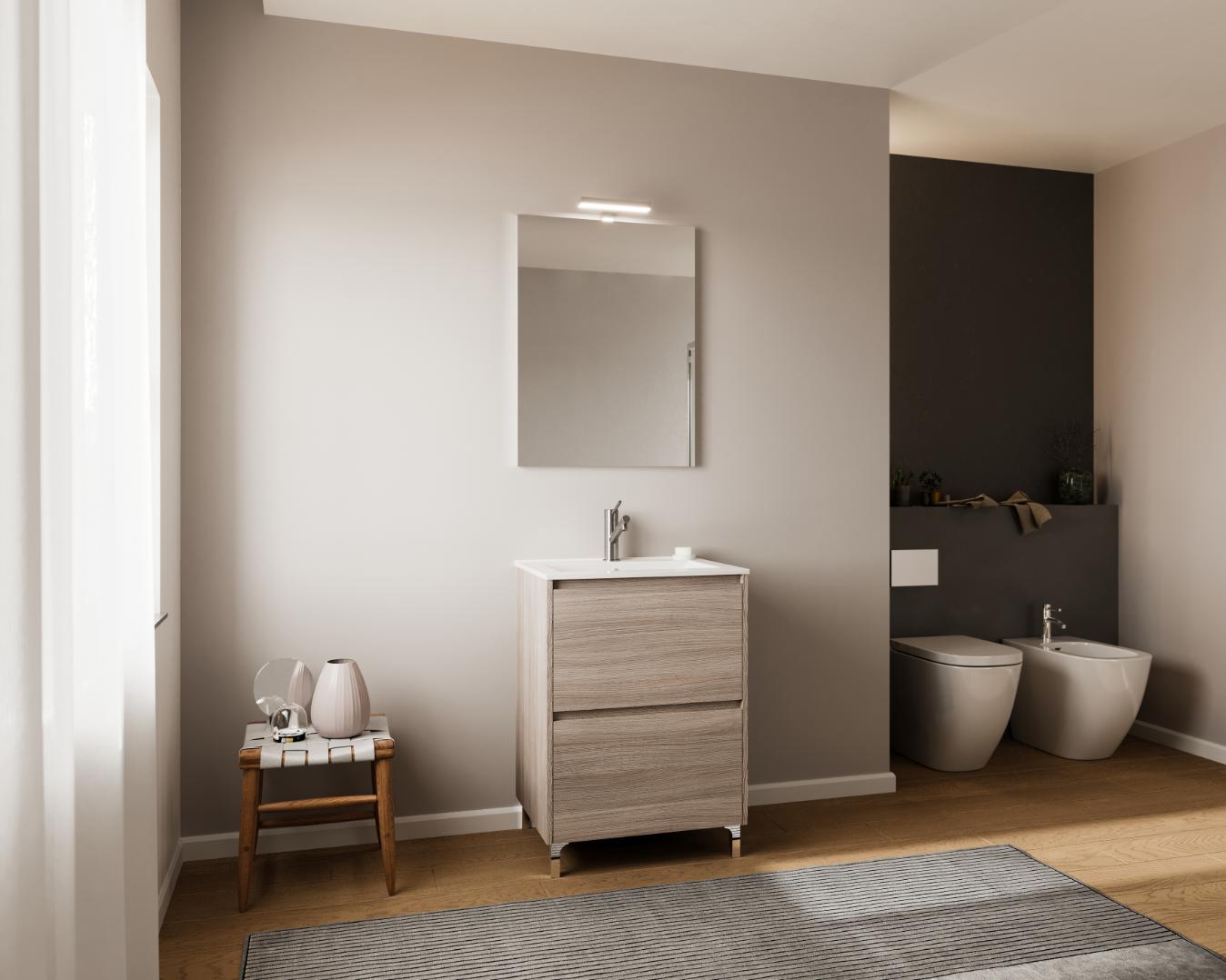 Set mobilier baie Lisabona, cu lavoar si oglinda, baza 66 x 51 x 92 cm, PAL si ceramica, maro