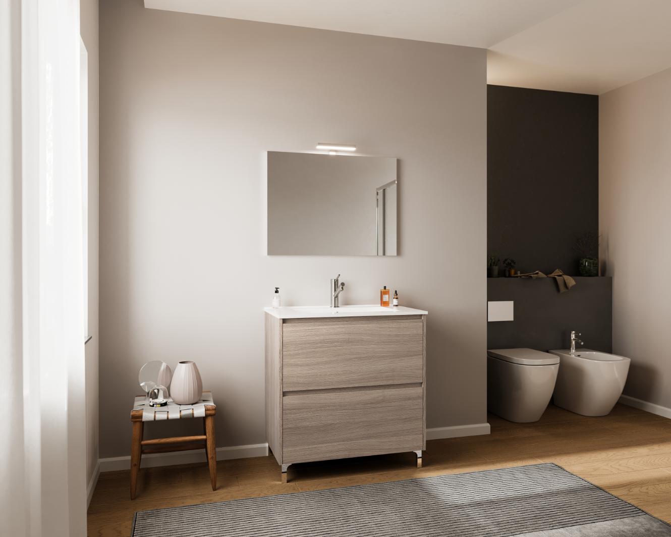 Set mobilier baie Lisabona, cu lavoar si oglinda, baza 86 x 51 x 92 cm, PAL si ceramica, maro