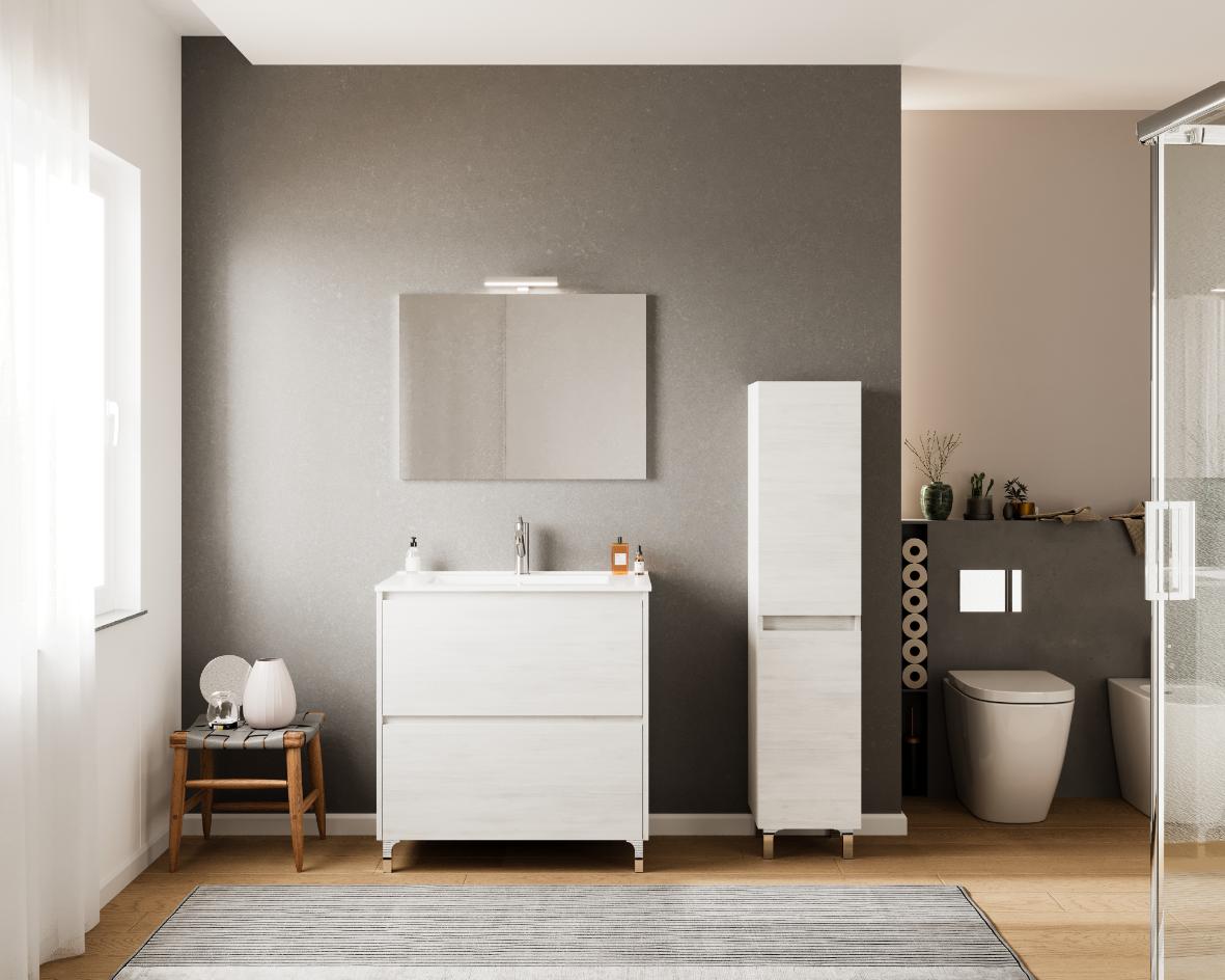 Set mobilier baie Lisabona, cu lavoar si oglinda, baza 86 x 51 x 92 cm, PAL si ceramica, alb