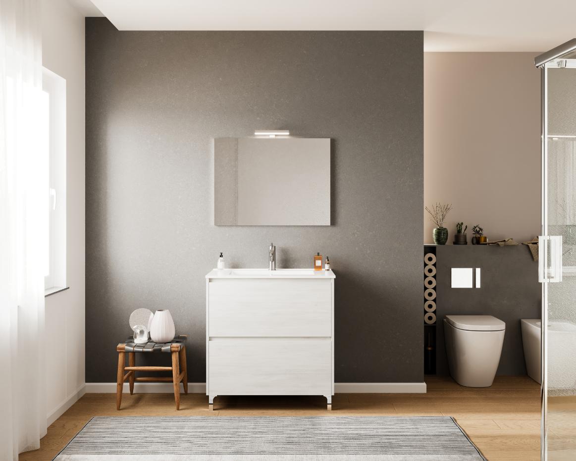 Set mobilier baie Lisabona, cu lavoar si oglinda, baza 86 x 51 x 92 cm, PAL si ceramica, alb