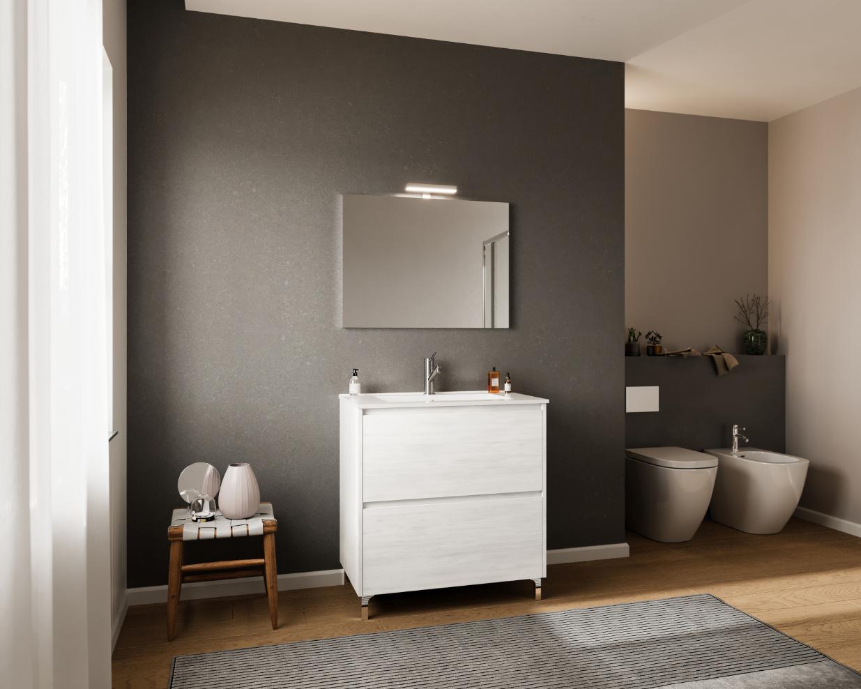 Set mobilier baie Lisabona, cu lavoar si oglinda, baza 86 x 51 x 92 cm, PAL si ceramica, alb