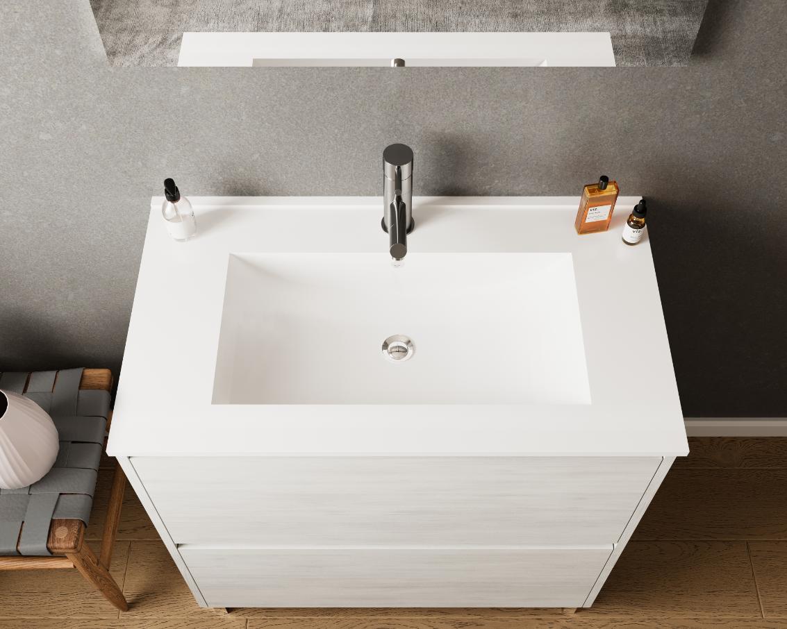 Set mobilier baie Lisabona, cu lavoar si oglinda, baza 86 x 51 x 92 cm, PAL si ceramica, alb