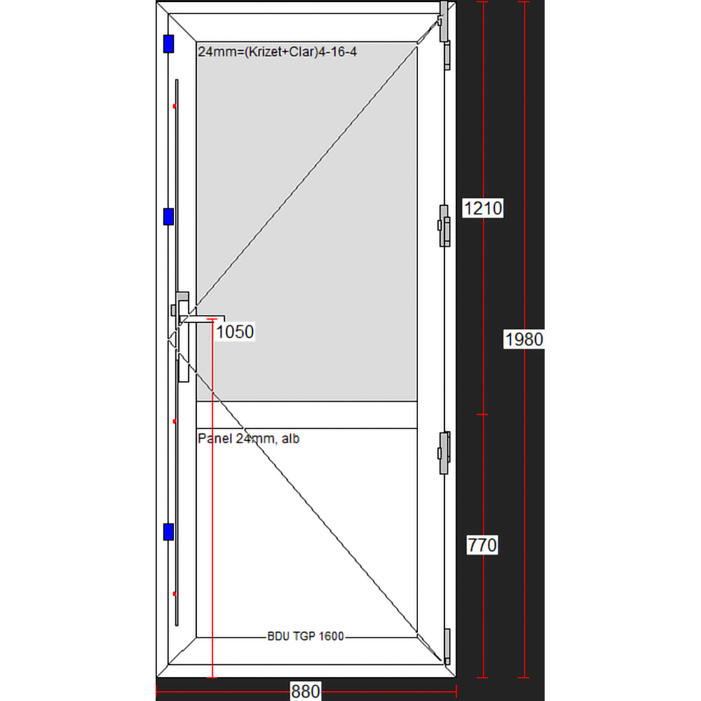 Usa exterior FENSTERWELT, cu geam, 4 camere, 2/3, dreapta, PVC, 88 x 198 cm, alb
