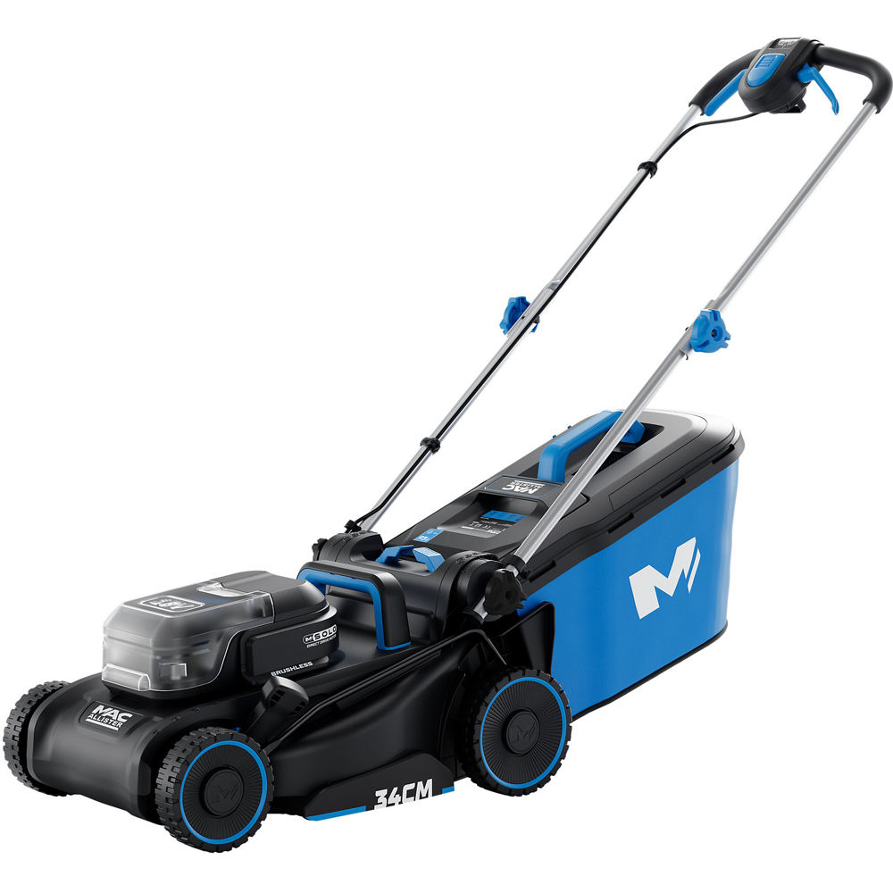 Masina de tuns iarba pe acumulator MAC ALLISTER, Electrica, 18V, 5Ah, latime taiere 34 cm, cos 35L, albastru-negru