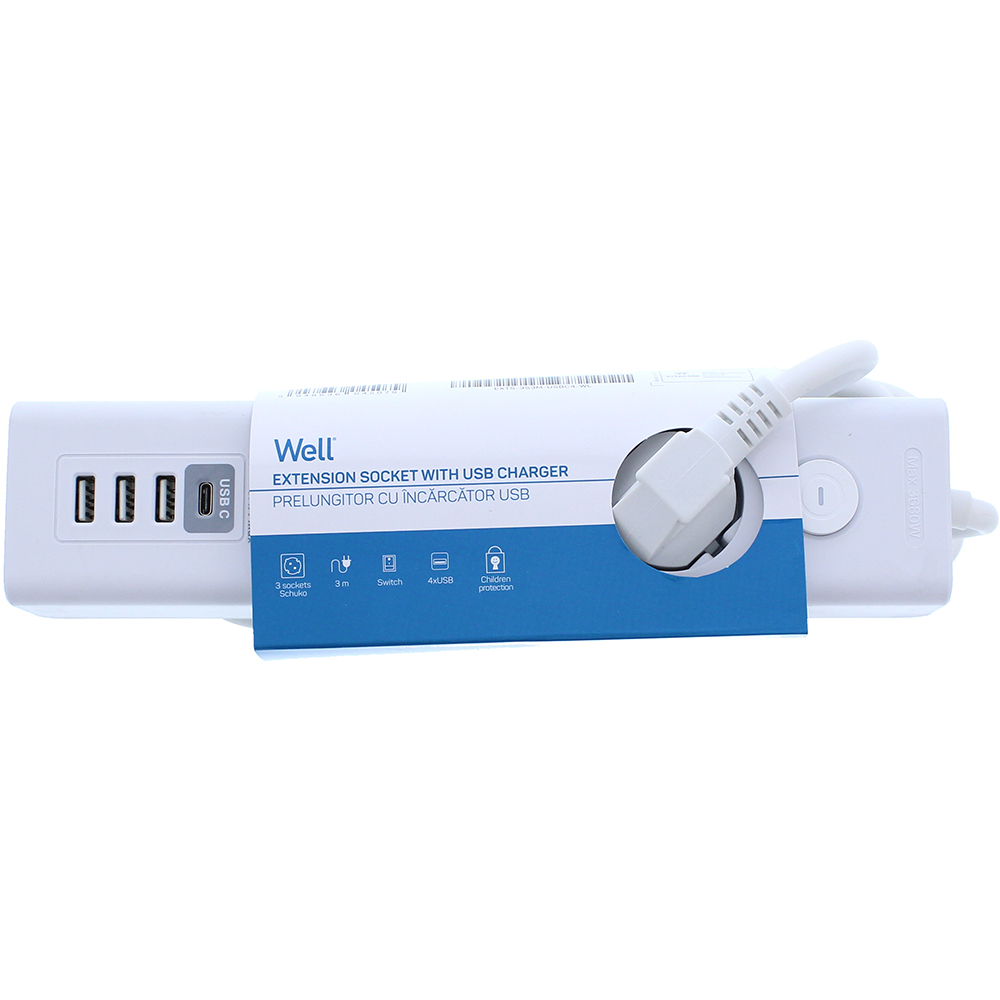 Prelungitor WELL EXTS-3S3M-USBC4-WL, 3 prize, 3500W, IP20, 3m, alb