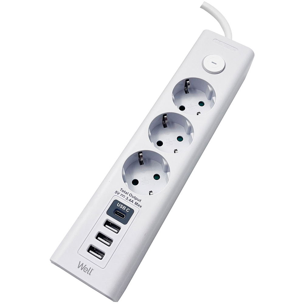 Prelungitor WELL EXTS-3S3M-USBC4-WL, 3 prize, 3500W, IP20, 3m, alb