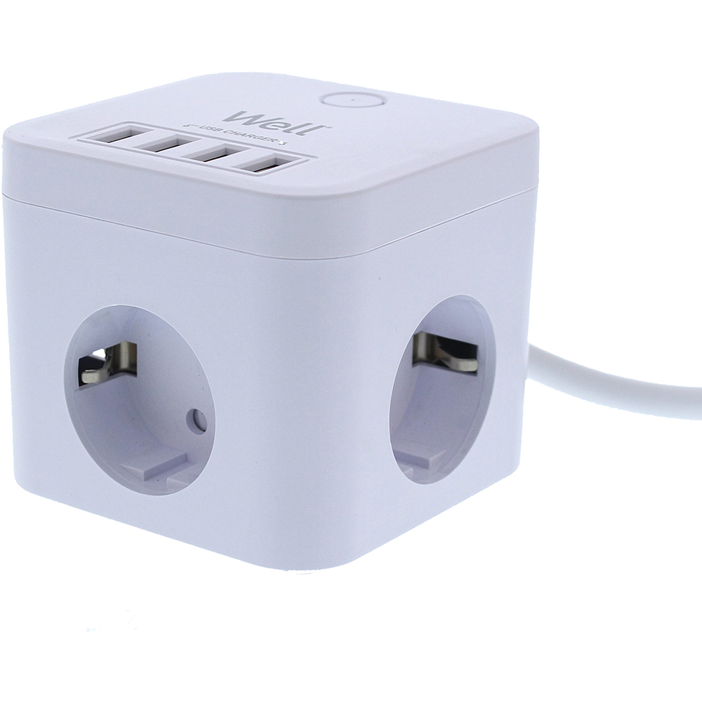 Prelungitor WELL EXTS-3S3M-PROT/USB4, 3 prize, 3500W, IP20, 3m, alb
