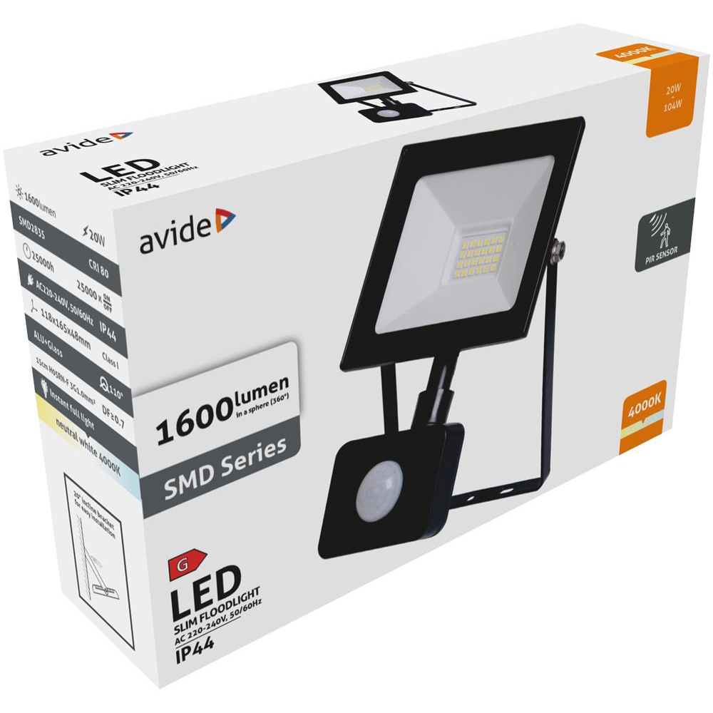 Proiector LED cu senzor de miscare AVIDE, 20W, 1600lm, negru
