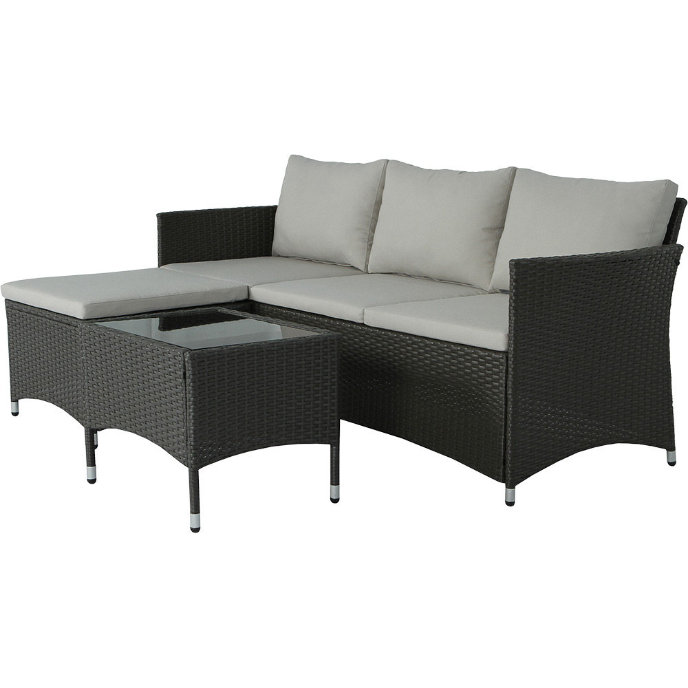 Set canapea modulara si masa pentru terasa DERRY, perne incluse, ratan si sticla, 4 piese, negru-bej