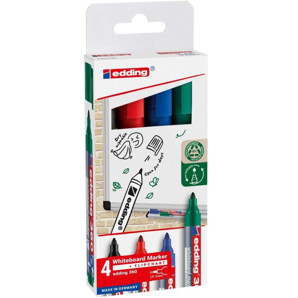 Set markere EDDING 360 pentru tabla, varf rotun, 1.5-3 mm, 4 bucati, multicolor