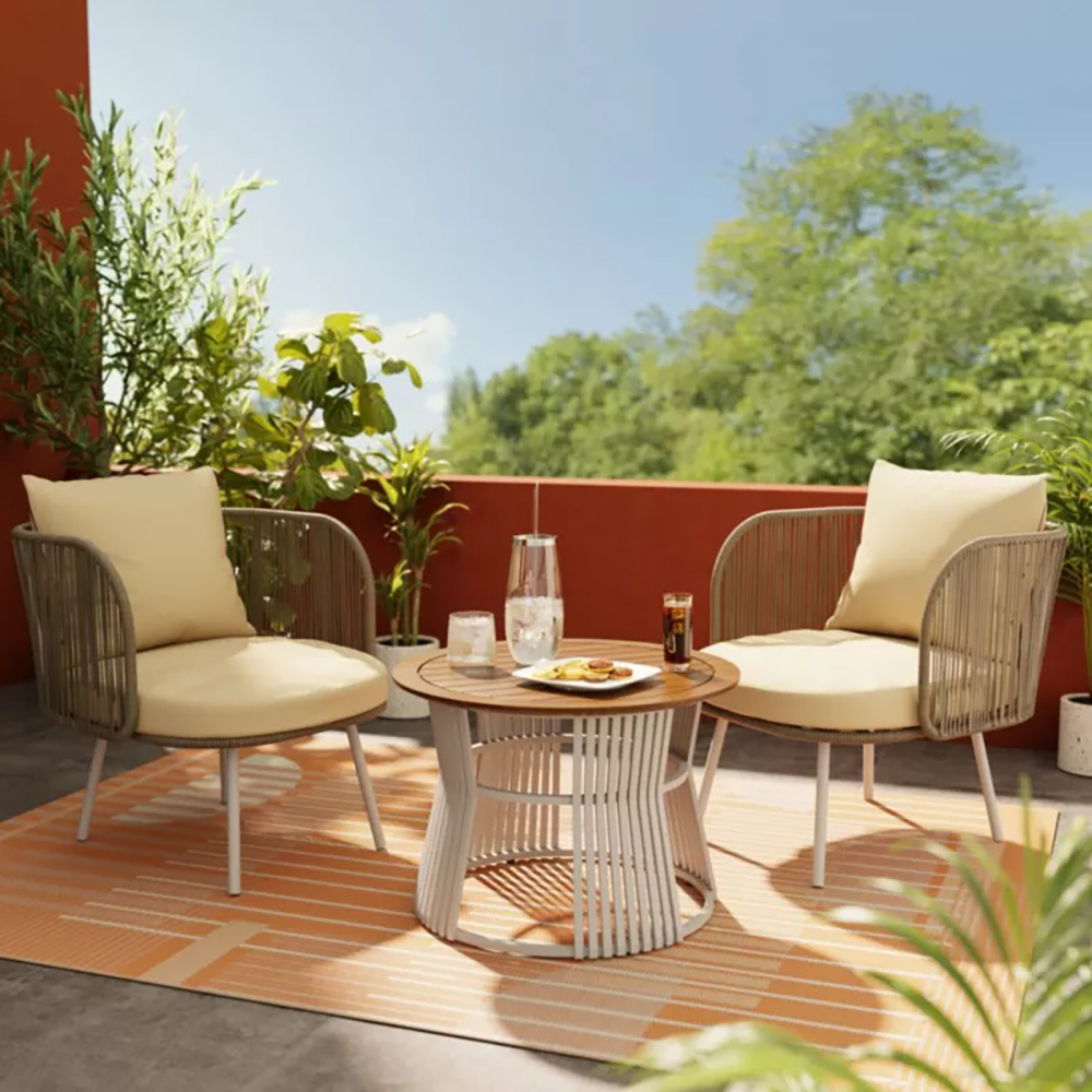 Set mobilier de balcon GOODHOME Nema, perne incluse, lemn si poliester, 3 piese, bej