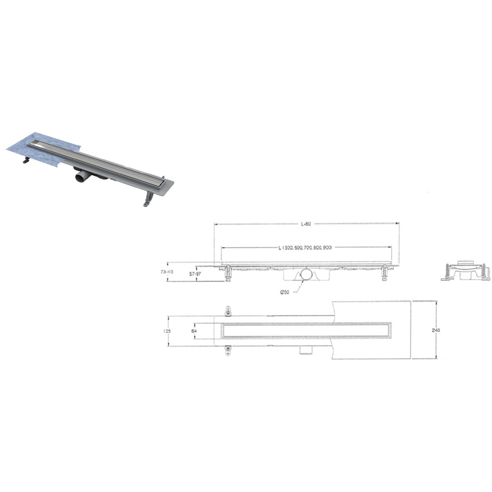 Rigola dus TECHMAN Twin, ABS, gratar inox, 80 cm, argintiu