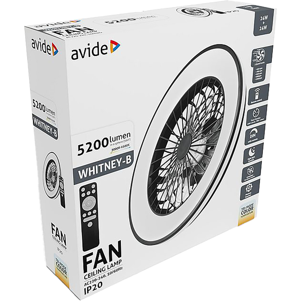 Plafoniera LED cu ventilator 24W AVIDE Wanda-B, 24W, 5200lm, 485mm, 3000K, 4000K, 6500K, negru