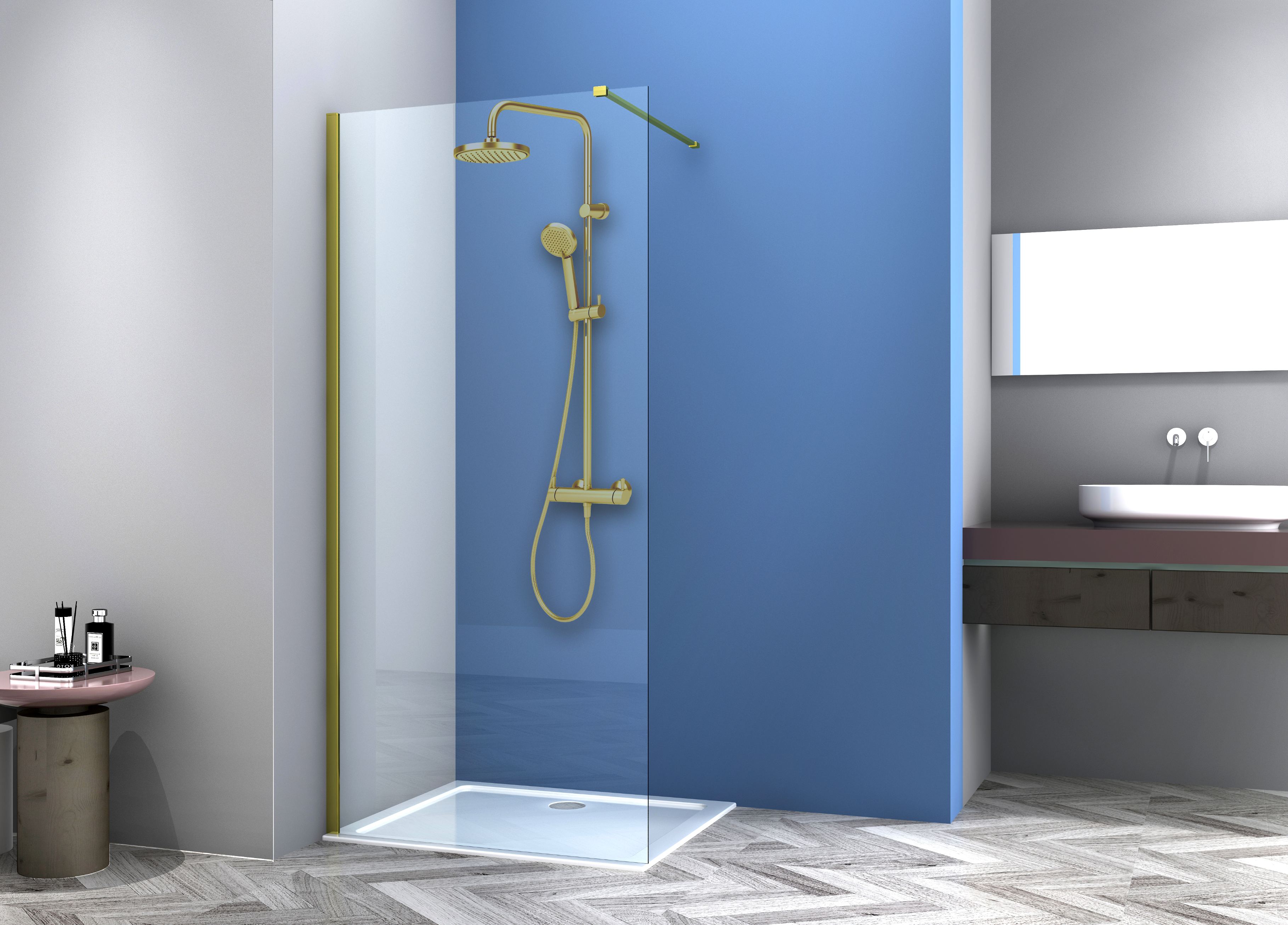 Paravan dus walk-in SANOTECHNIK GF90, aluminiu, 90 x 200 cm, sticla securizata transparenta 6mm, profil auriu