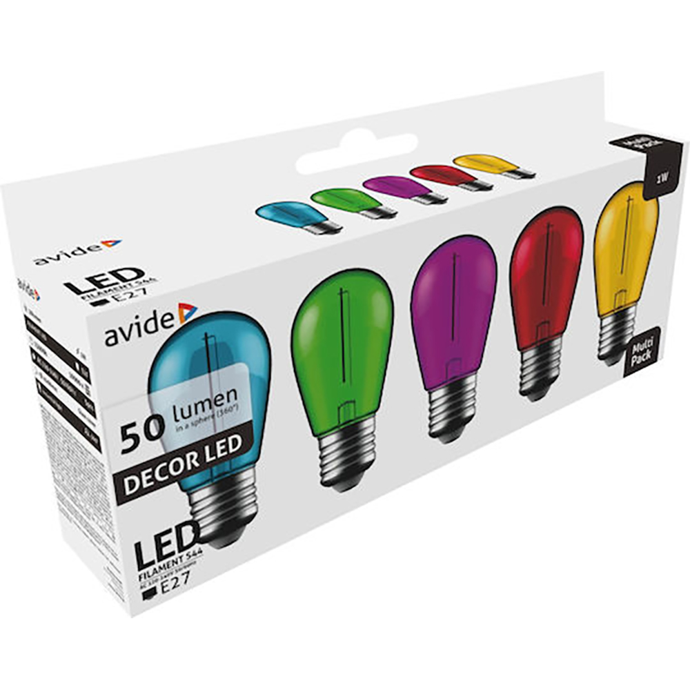 Set 5 becuri LED AVIDE, E27, 1W, 50lm, 5 culori
