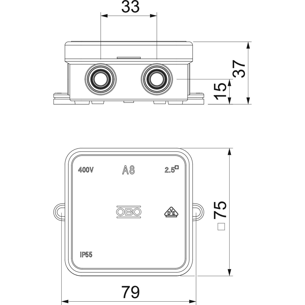 Doza derivatie OBO, aparent, IP55, 75 x 75 x 36mm