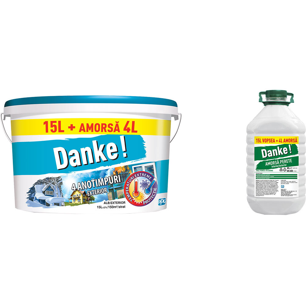 Pachet Vopsea lavabila pentru exterior DANKE 4 Anotimpuri, alb, 15L, Amorsa interior/exterior DANKE, 4L