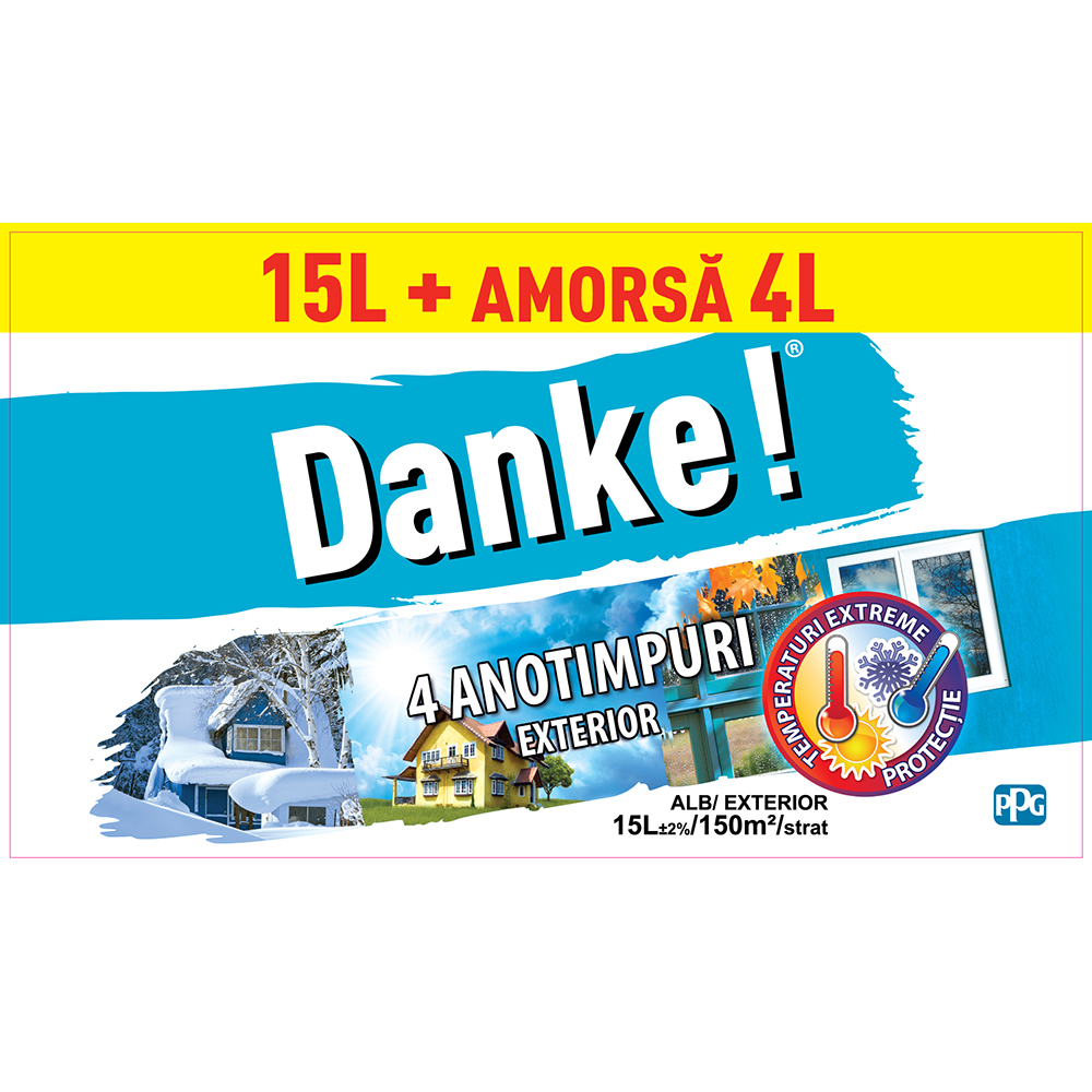 Pachet Vopsea lavabila pentru exterior DANKE 4 Anotimpuri, alb, 15L, Amorsa interior/exterior DANKE, 4L
