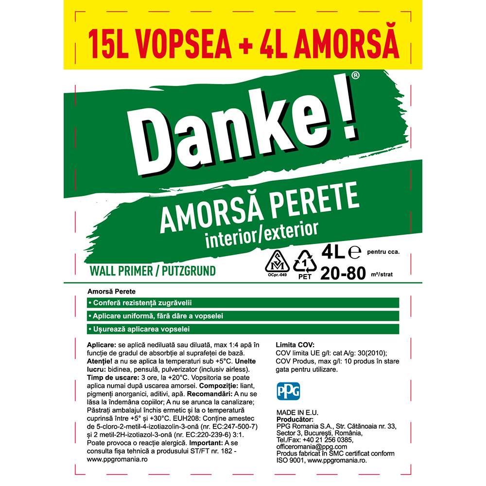Pachet Vopsea lavabila pentru exterior DANKE 4 Anotimpuri, alb, 15L, Amorsa interior/exterior DANKE, 4L