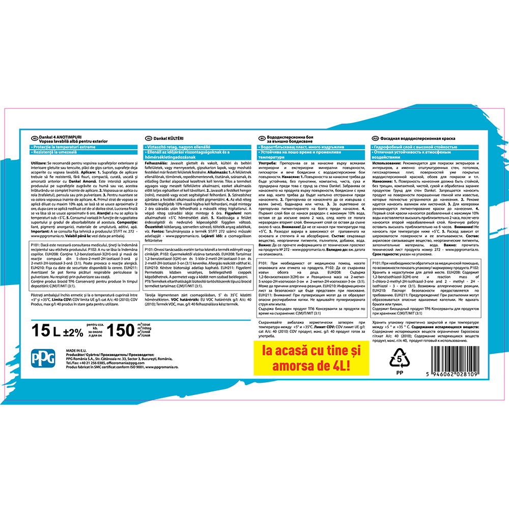 Pachet Vopsea lavabila pentru exterior DANKE 4 Anotimpuri, alb, 15L, Amorsa interior/exterior DANKE, 4L