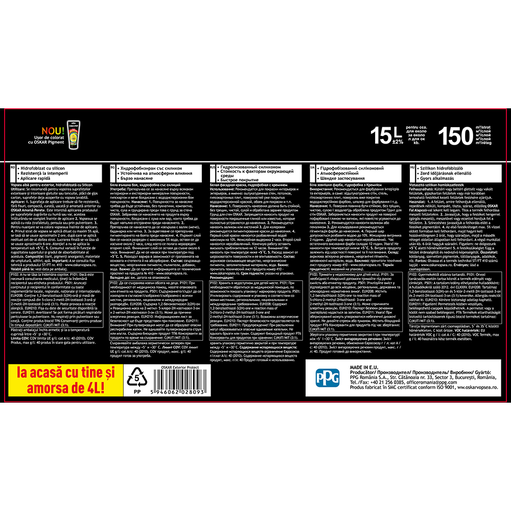 Vopsea lavabila OSKAR Exterior Protect, alb, 15L, amorsa OSKAR Zero Mucegai, 4 L