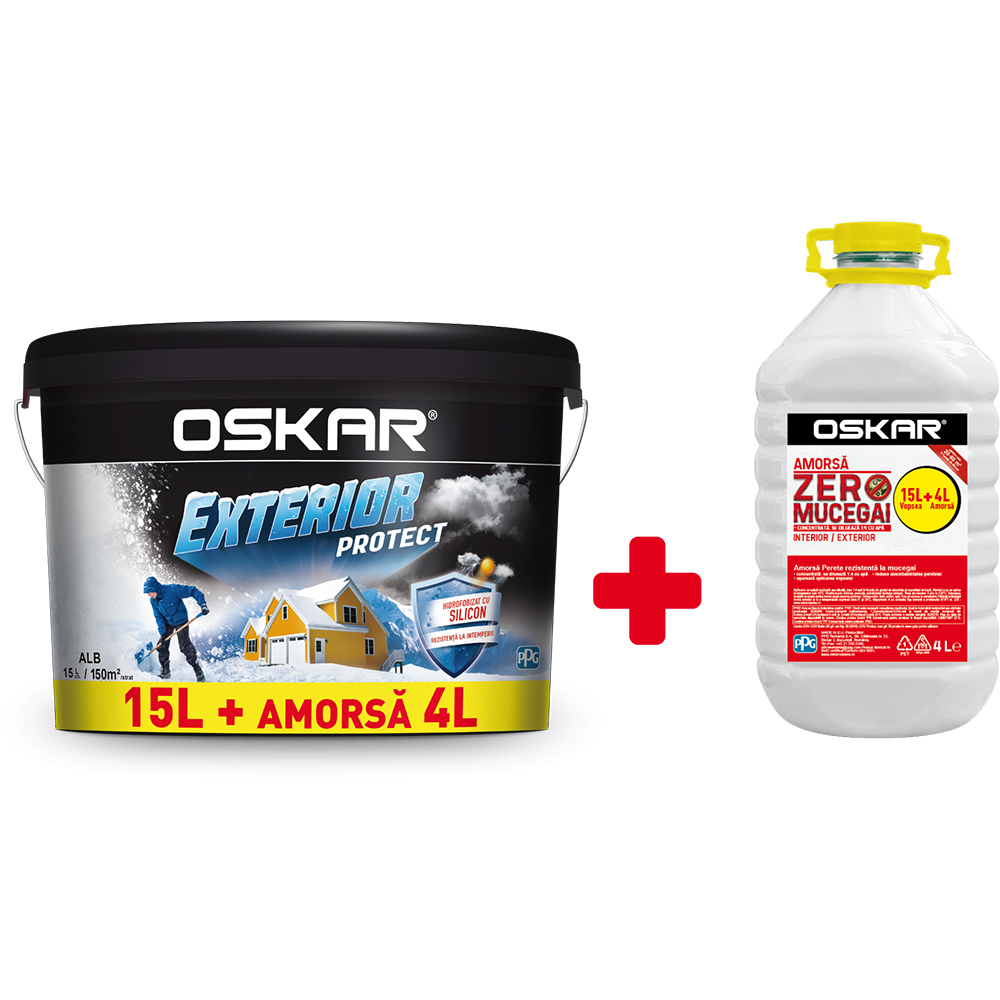 Vopsea lavabila OSKAR Exterior Protect, alb, 15L, amorsa OSKAR Zero Mucegai, 4 L