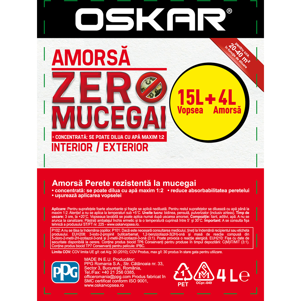Vopsea lavabila OSKAR Exterior Protect, alb, 15L, amorsa OSKAR Zero Mucegai, 4 L