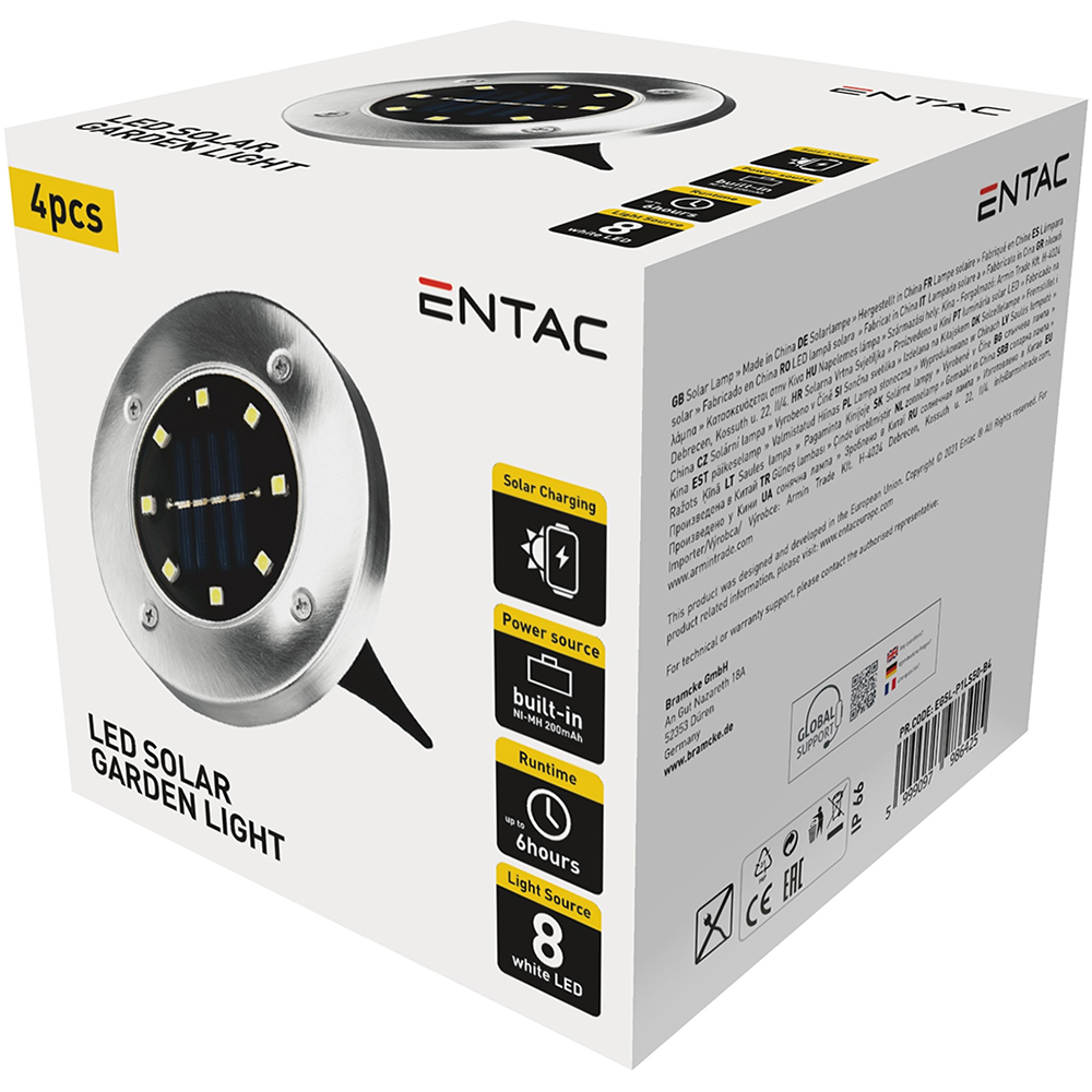 Set 4 lampi solare ENTAC EGSL-P1LS50-B4, IP66, argintiu