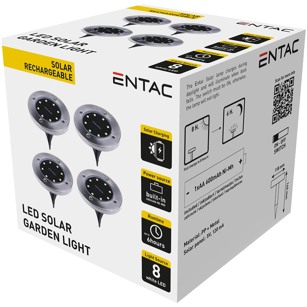 Set 4 lampi solare ENTAC EGSL-P1LS50-B4, IP66, argintiu