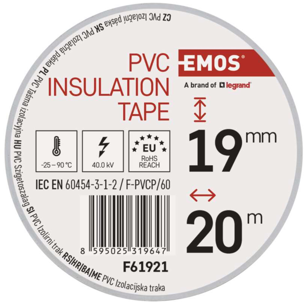Banda izolatoare PVC EMOS, 19 x 0.13 mm, 20 m, alb