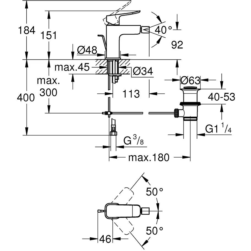 Baterie bideu GROHE Dice 1018772430, marimea S, metal, negru