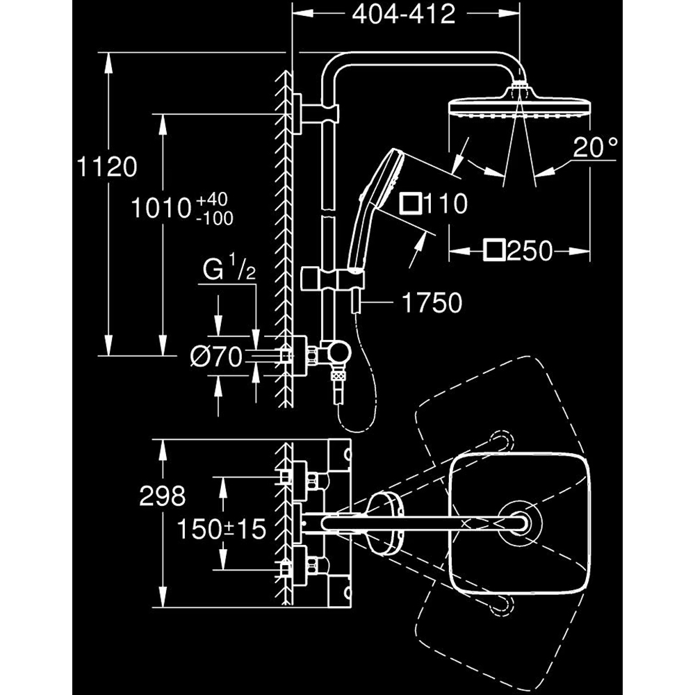 Sistem dus GROHE Vitalio Comfort 250 26697001, termostat, 2 functii, crom