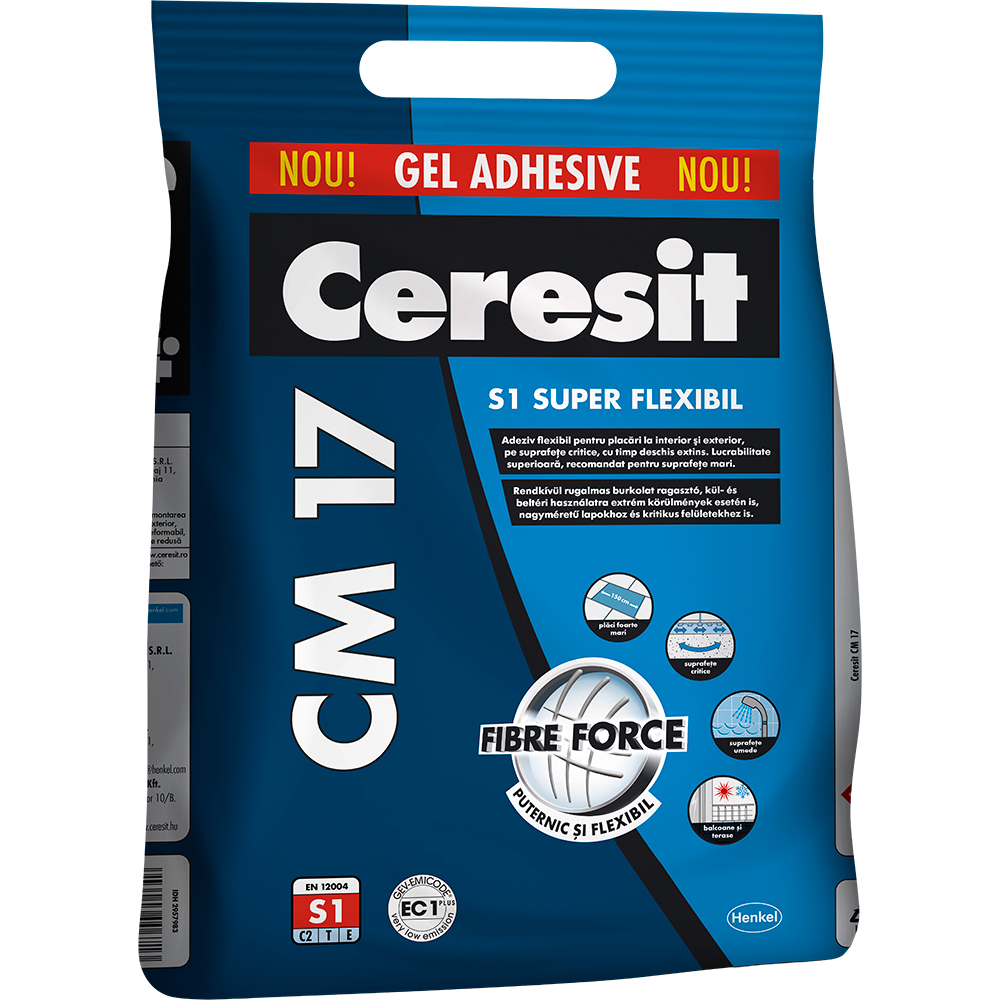 Adeziv super flexibil pentru gresie si faianta CERESIT CM 17, gri, interior/exterior, 5 kg