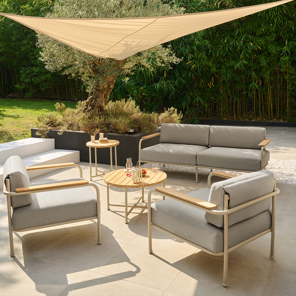 Set mobilier gradina GoodHome Tahuata, aluminiu si textil, 2 mese + 2 scaune + canapea, 5 piese, gri