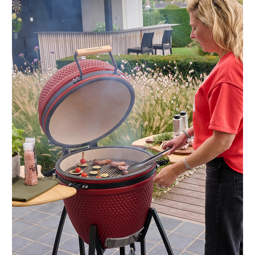 Gratar pe carbuni GOODHOME Sagami Kamado, D55 cm, 122 x 130 cm, otel si ceramica, rosu