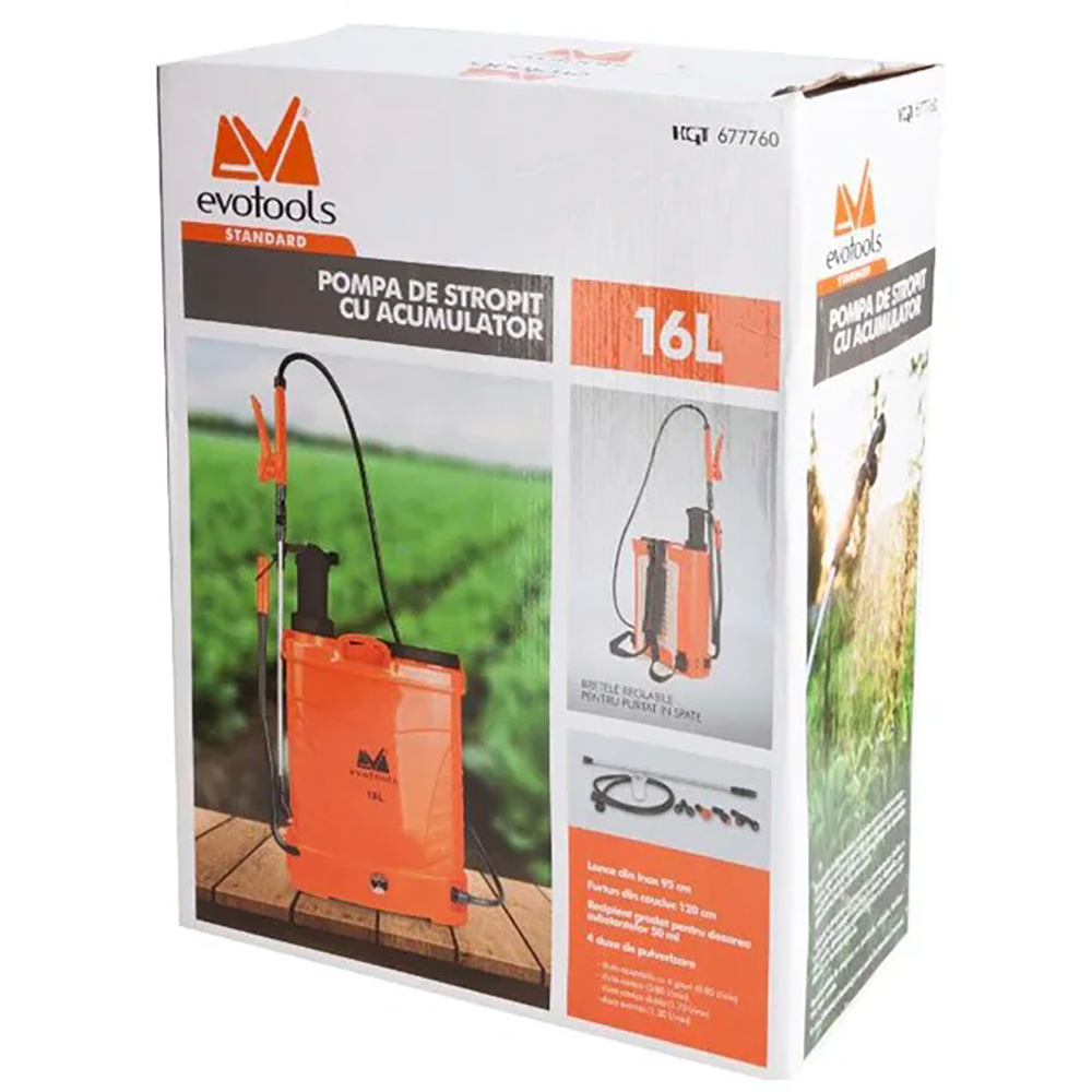 Pompa de stropit cu acumulator EvoTools ETS, 16 l, lance telescopica inox 52-95 cm, furtun 120 cm, 4 duze, plastic, portocaliu/negru