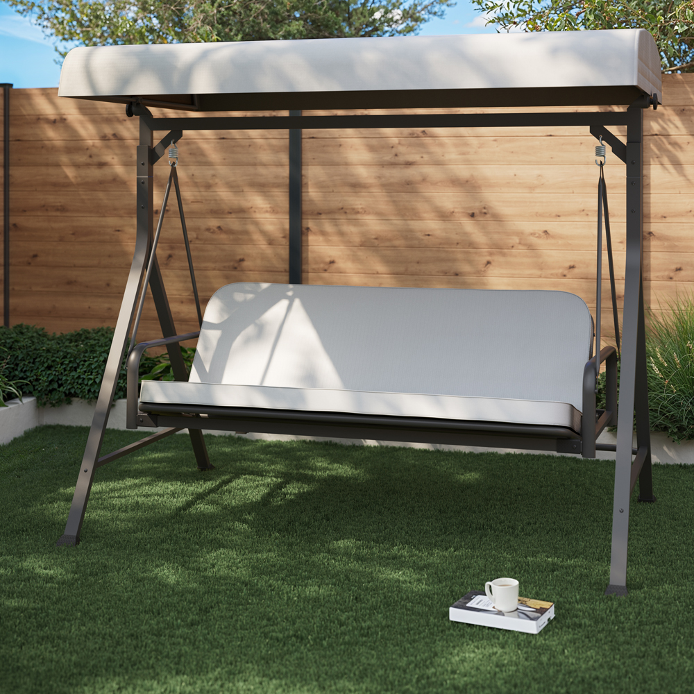 Balansoar pat gradina GOODHOME, 3 locuri, copertina, 200 x 130 x 183.5 cm, gri