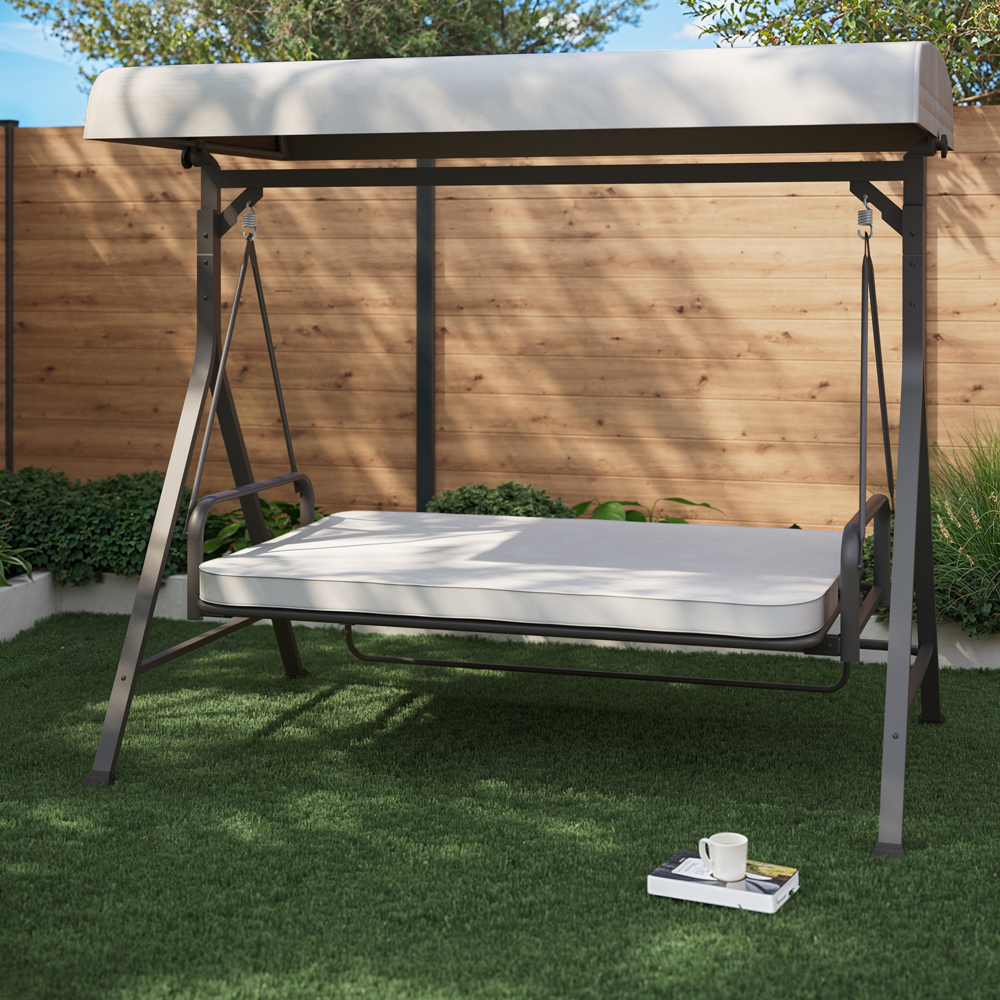 Balansoar pat gradina GOODHOME, 3 locuri, copertina, 200 x 130 x 183.5 cm, gri