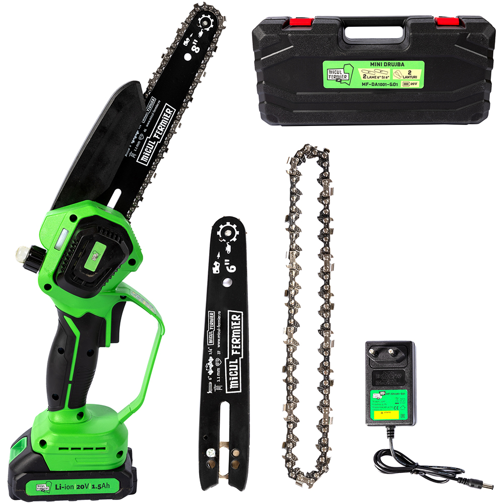 Mini fierastrau cu lant pe acumulator MICUL FERMIER, 20V, 2 lame, 2 lanturi