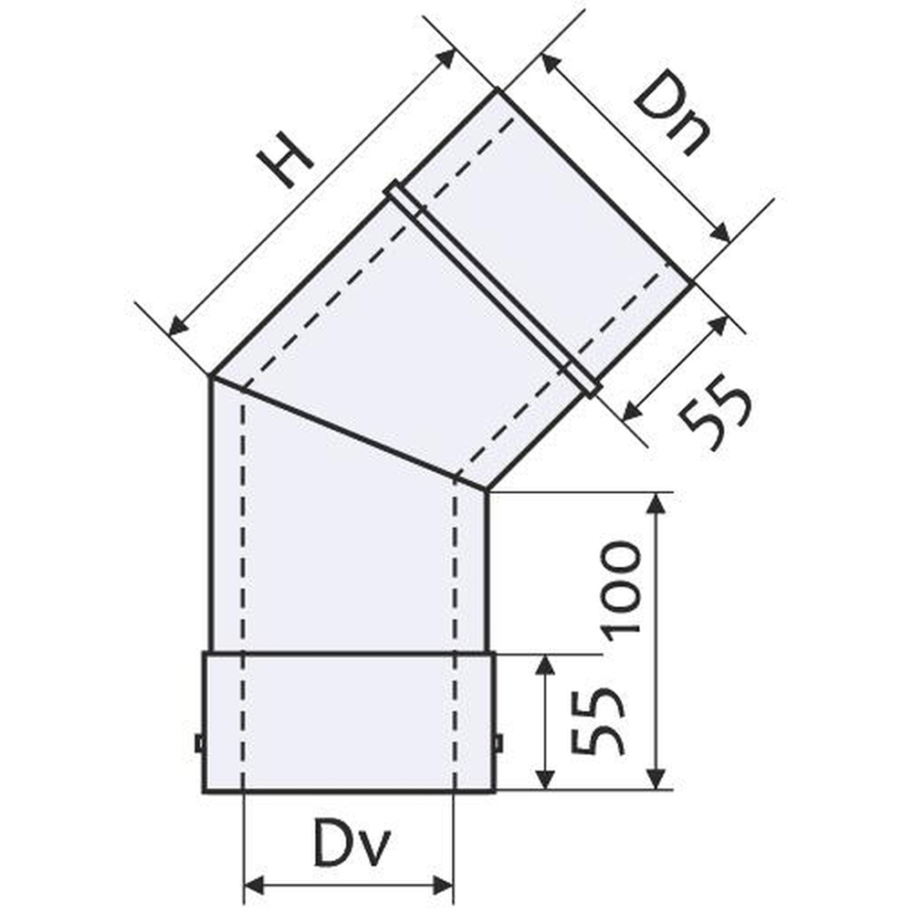 Cot 45 grade cos de fum dublu perete VULCANO, diametru 120-180 mm, inox